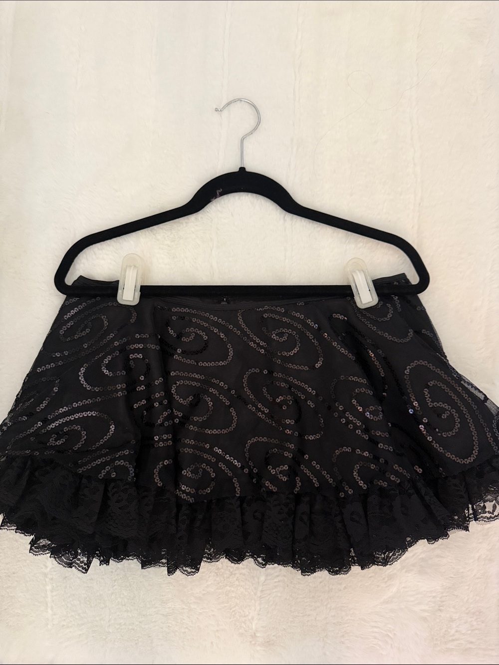 Frederick's of Hollywood Black Sequin Spiral Ruffle Mini Skirt